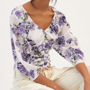 Anthropologie V-Neck Ruched Knit Top in Purple Floral Size XS